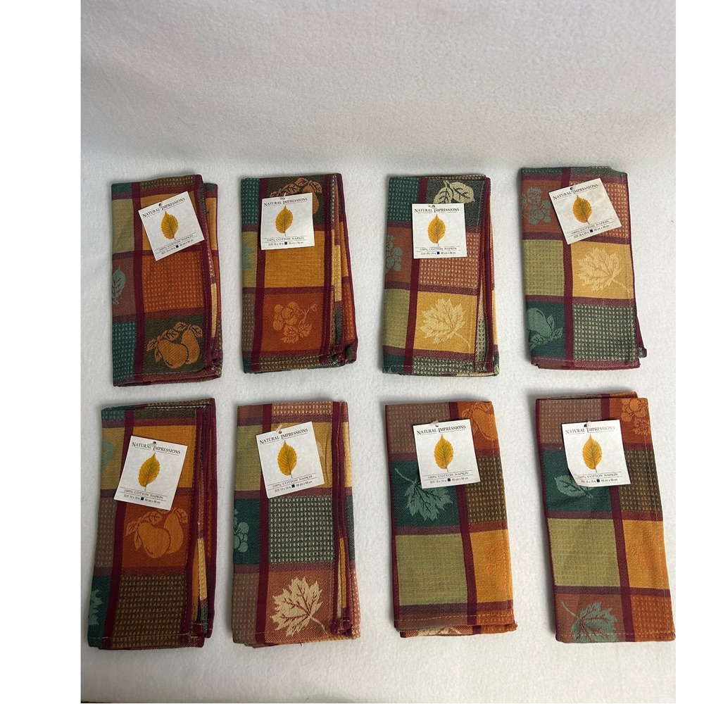 Fall Harvest Natural Impressions Set of 8‎ 19x19 Multicolor Leaf Cotton Napkins